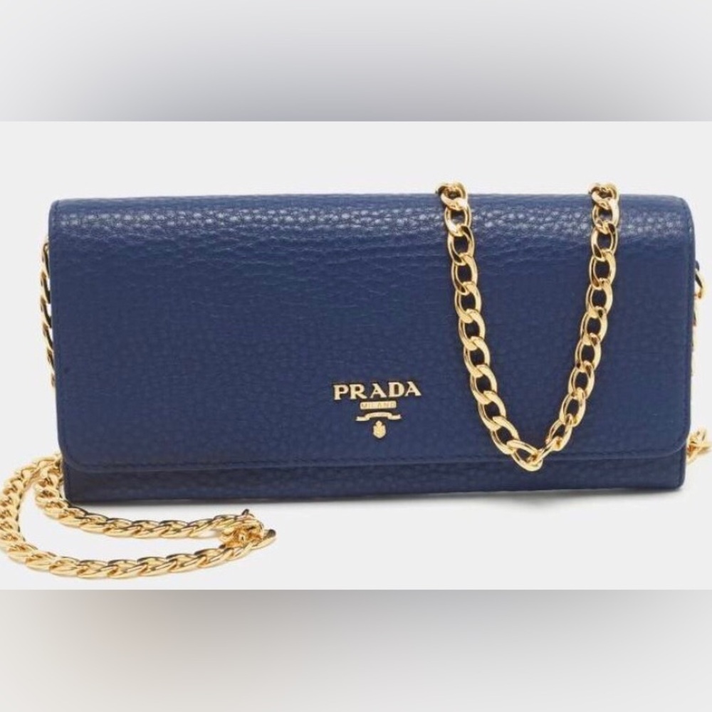 Prada Blue Leather Chain Wallet with Gold-Tone Hardware